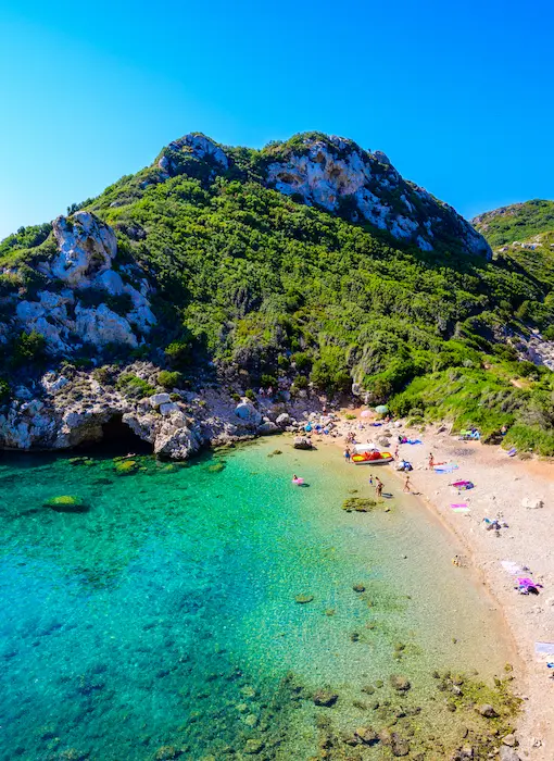 Porto Timoni Beach, Corfu — charter holiday in Greece with turquoise water and all-inclusive resort